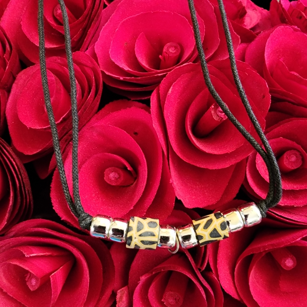 Boho Corded Necklace With Silver Toned And Animal Print Beads